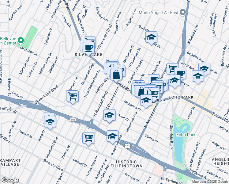 map of restaurants, bars, coffee shops, grocery stores, and more near 1018 North Coronado Street in Los Angeles