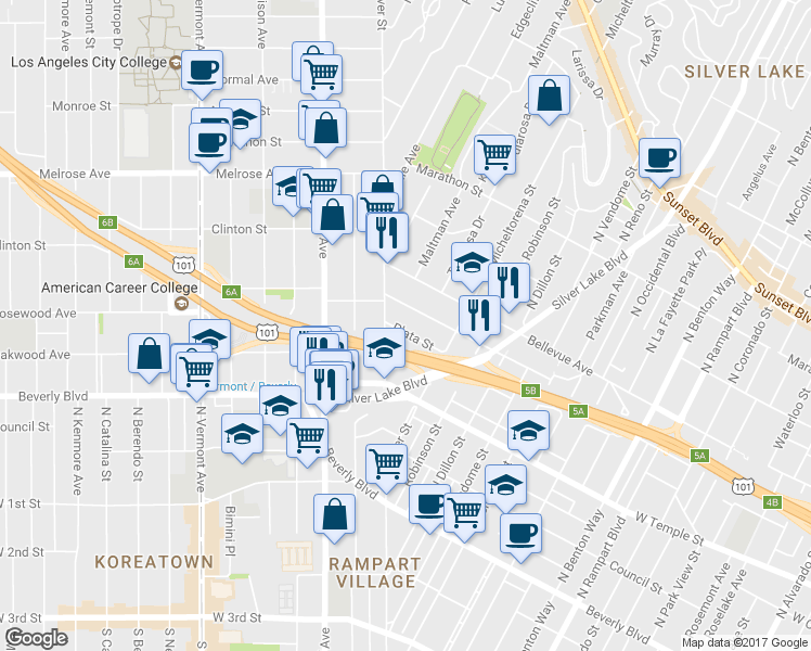 map of restaurants, bars, coffee shops, grocery stores, and more near 3462 Plata Street in Los Angeles