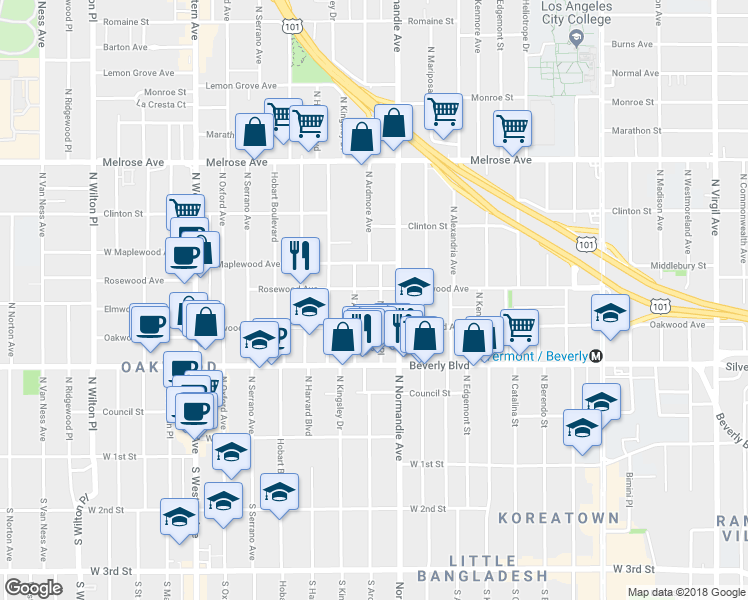 map of restaurants, bars, coffee shops, grocery stores, and more near 426 North Ardmore Avenue in Los Angeles