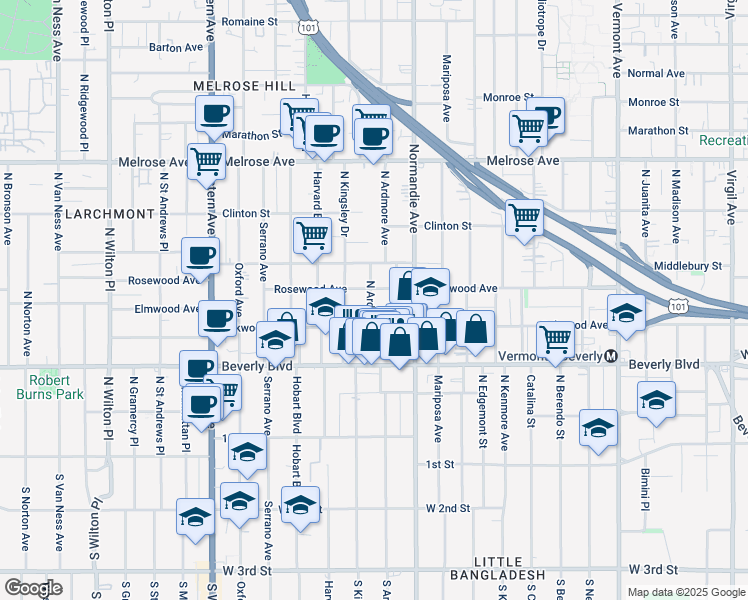 map of restaurants, bars, coffee shops, grocery stores, and more near 426 North Ardmore Avenue in Los Angeles