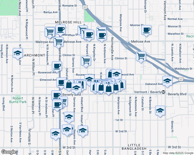 map of restaurants, bars, coffee shops, grocery stores, and more near 428 North Kingsley Drive in Los Angeles