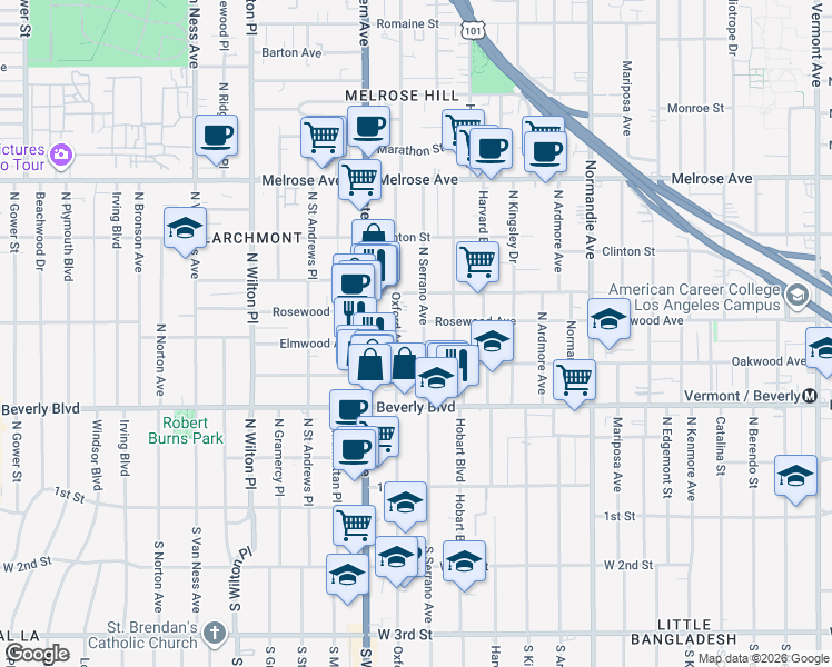 map of restaurants, bars, coffee shops, grocery stores, and more near 428 North Serrano Avenue in Los Angeles