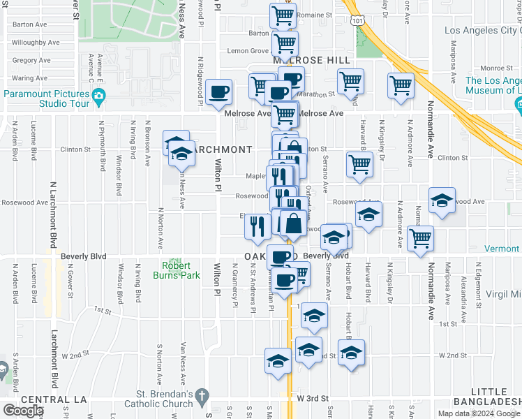 map of restaurants, bars, coffee shops, grocery stores, and more near 4757 1/2 Elmwood Avenue in Los Angeles