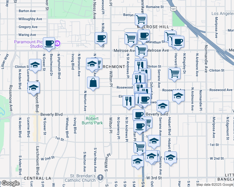 map of restaurants, bars, coffee shops, grocery stores, and more near 4833 Elmwood Avenue in Los Angeles