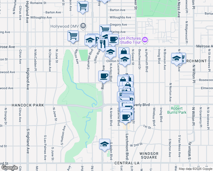map of restaurants, bars, coffee shops, grocery stores, and more near 439n North Arden Boulevard in Los Angeles