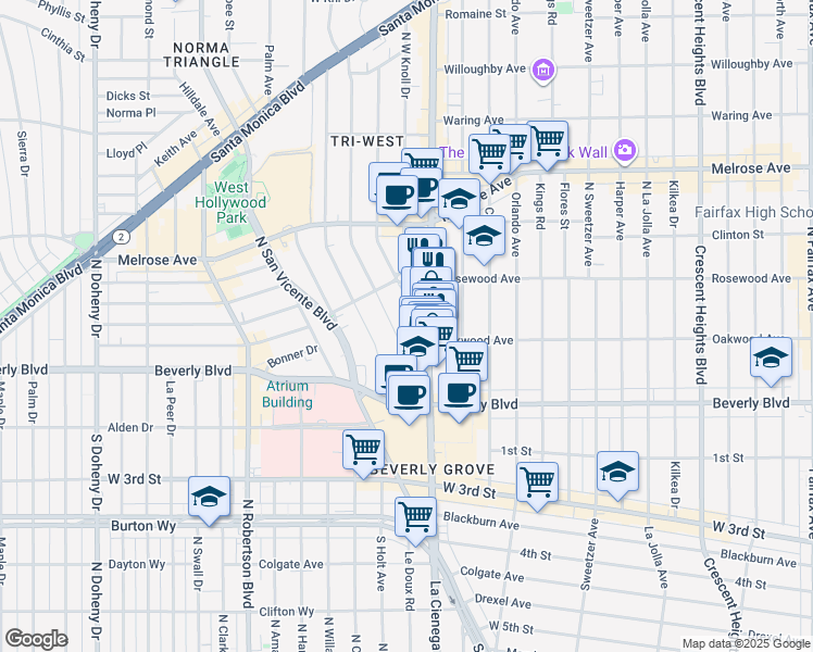 map of restaurants, bars, coffee shops, grocery stores, and more near 375 La Cienega Boulevard in Los Angeles
