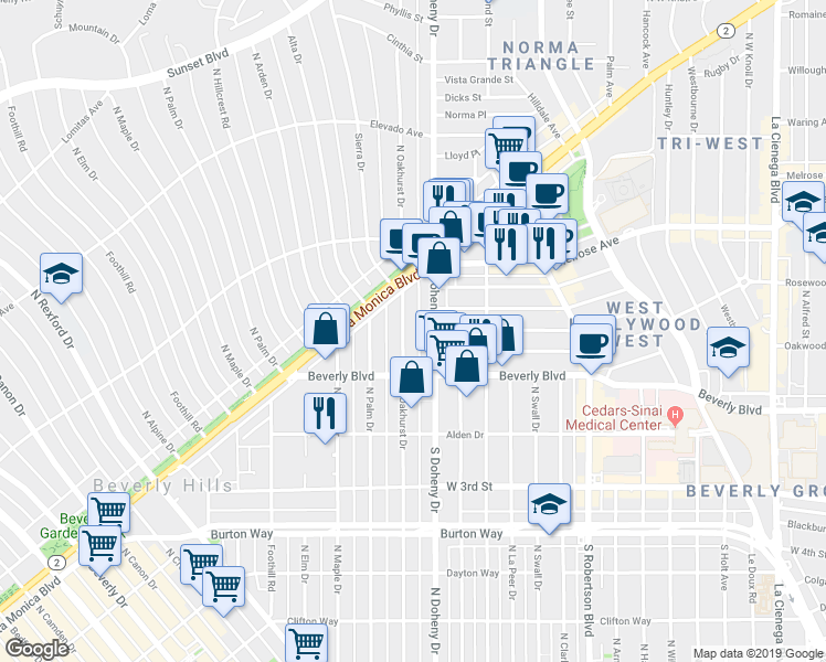 map of restaurants, bars, coffee shops, grocery stores, and more near 440 North Oakhurst Drive in Beverly Hills