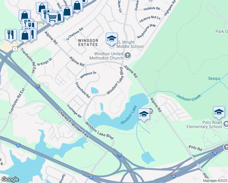 map of restaurants, bars, coffee shops, grocery stores, and more near 1335 Parliament Lake Drive in Columbia