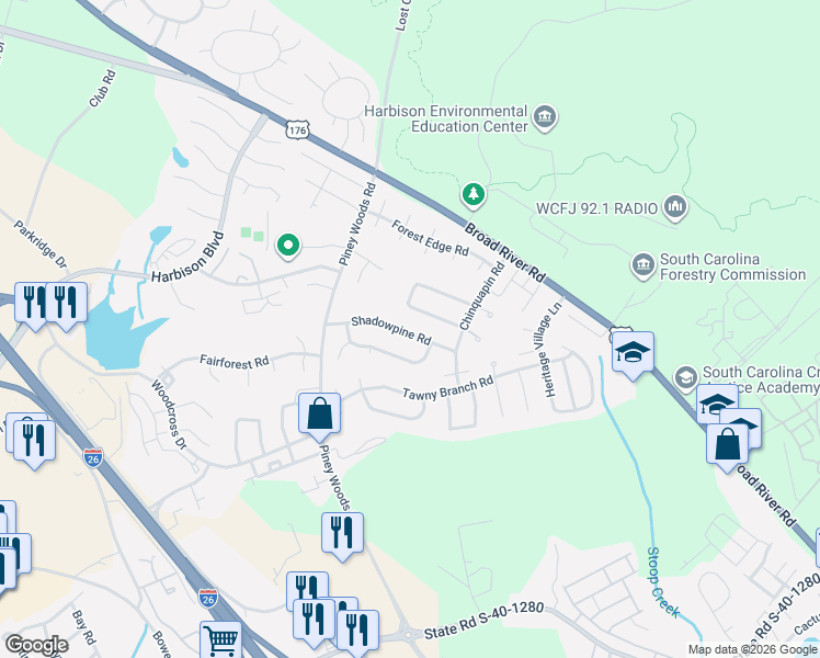 map of restaurants, bars, coffee shops, grocery stores, and more near 141 Shadowpine Road in Columbia