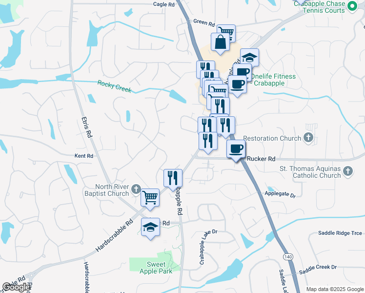map of restaurants, bars, coffee shops, grocery stores, and more near 12200 Crabapple Road in Alpharetta