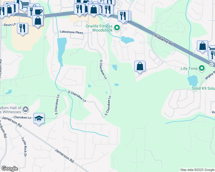 map of restaurants, bars, coffee shops, grocery stores, and more near 399 Tillman Pass in Woodstock