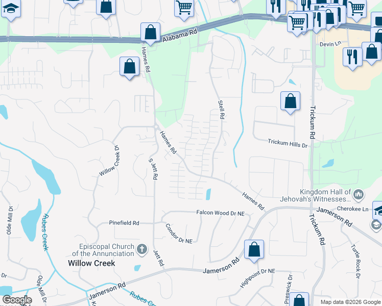 map of restaurants, bars, coffee shops, grocery stores, and more near 312 West Oaks Trail in Woodstock