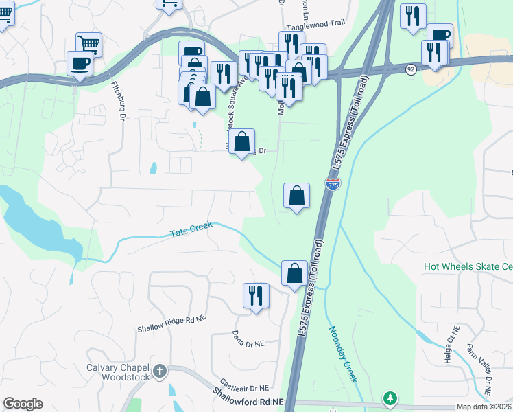 map of restaurants, bars, coffee shops, grocery stores, and more near 1605 Chesterfield Court in Woodstock