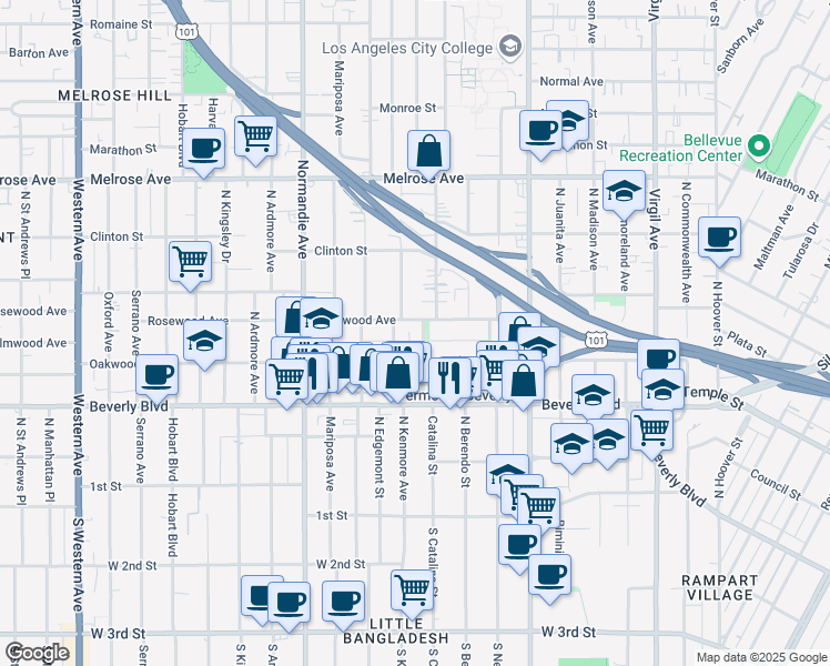 map of restaurants, bars, coffee shops, grocery stores, and more near 427 Heliotrope Drive in Los Angeles