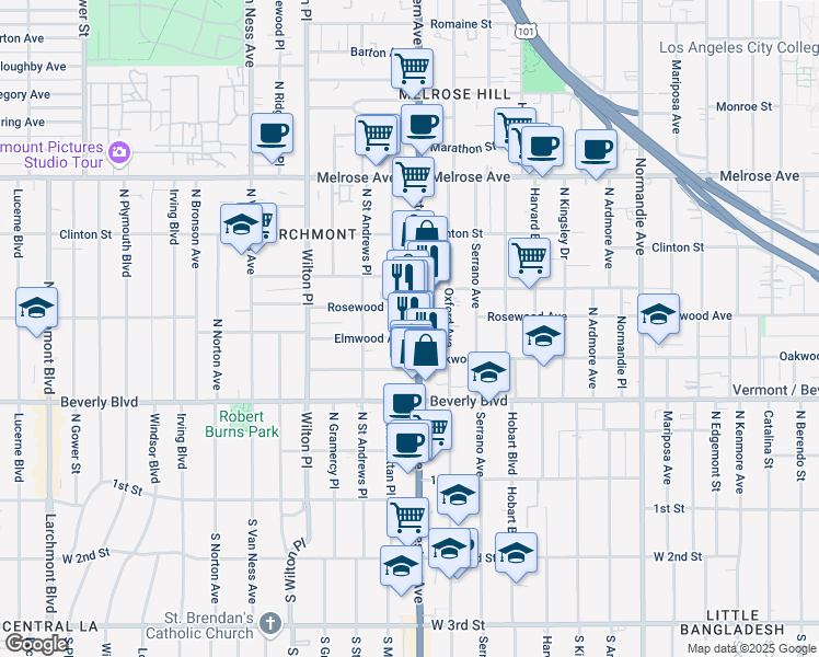 map of restaurants, bars, coffee shops, grocery stores, and more near 401 North Western Avenue in Los Angeles