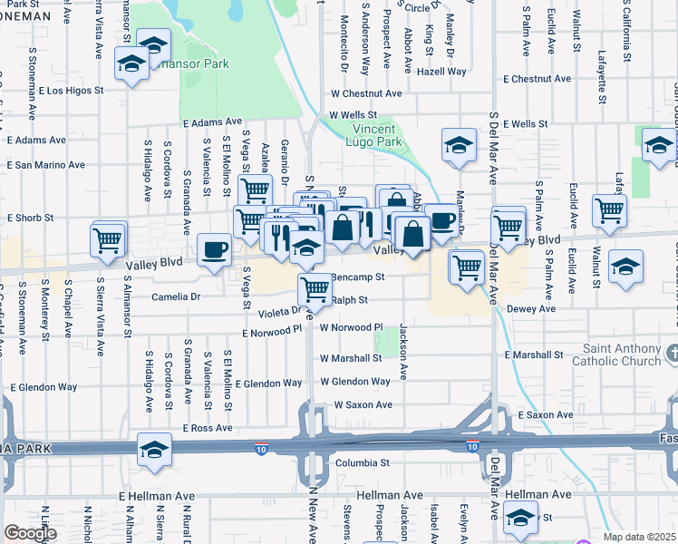 map of restaurants, bars, coffee shops, grocery stores, and more near 501 West Bencamp Street in San Gabriel
