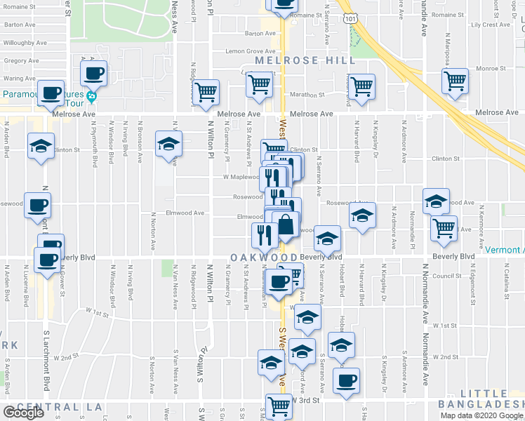 map of restaurants, bars, coffee shops, grocery stores, and more near 4733 Elmwood Avenue in Los Angeles