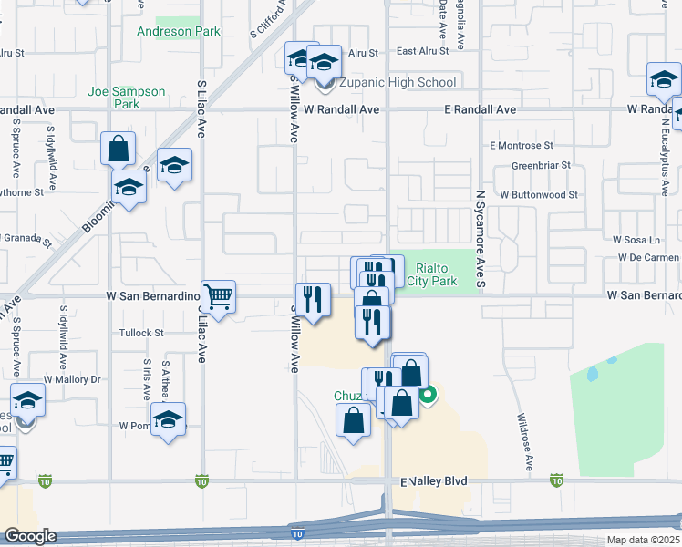 map of restaurants, bars, coffee shops, grocery stores, and more near 200 West San Bernardino Avenue in Rialto