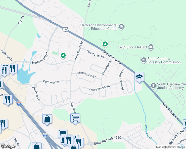 map of restaurants, bars, coffee shops, grocery stores, and more near 141 Shadowpine Road in Columbia