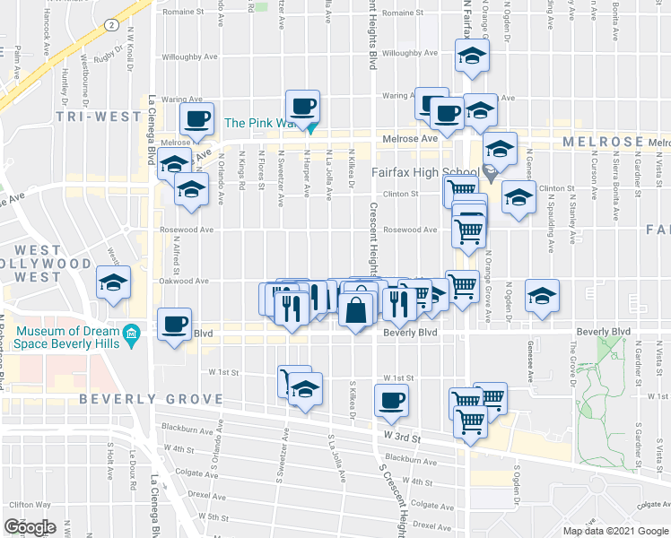 map of restaurants, bars, coffee shops, grocery stores, and more near 414 North La Jolla Avenue in Los Angeles