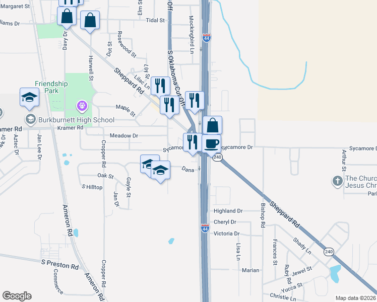 map of restaurants, bars, coffee shops, grocery stores, and more near 910 Sycamore Drive in Burkburnett