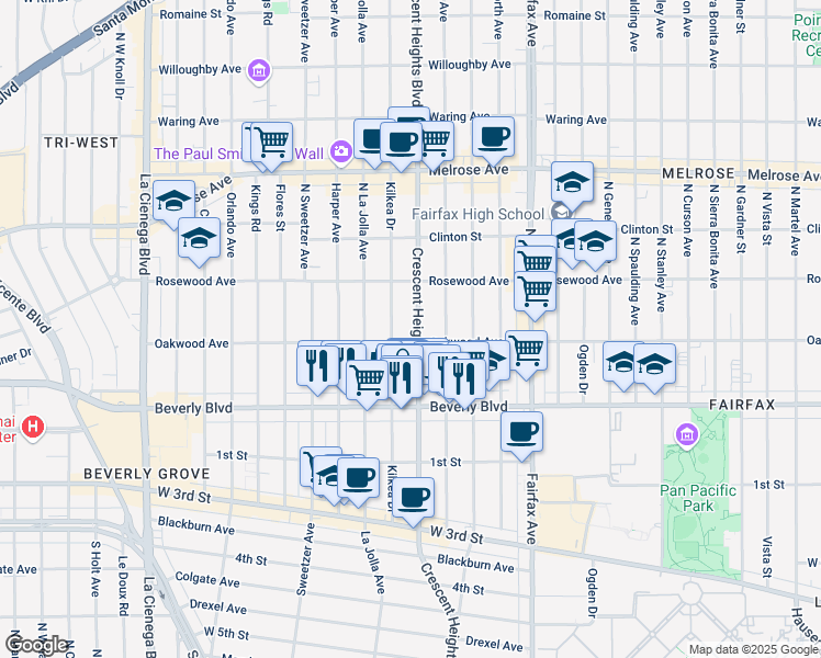 map of restaurants, bars, coffee shops, grocery stores, and more near 415 North Crescent Heights Boulevard in Los Angeles
