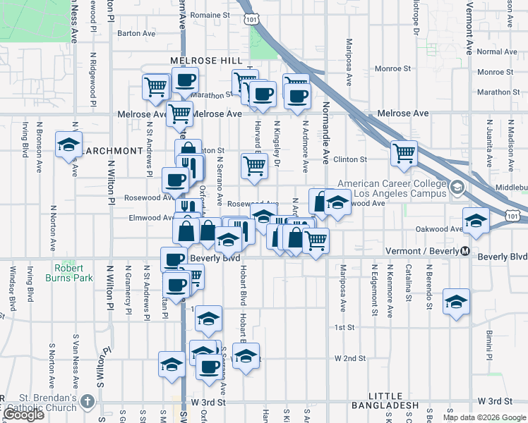 map of restaurants, bars, coffee shops, grocery stores, and more near 432 North Harvard Boulevard in Los Angeles