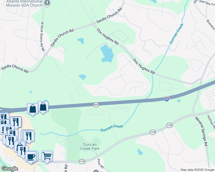map of restaurants, bars, coffee shops, grocery stores, and more near 4137 Rovello Way Northeast in Buford