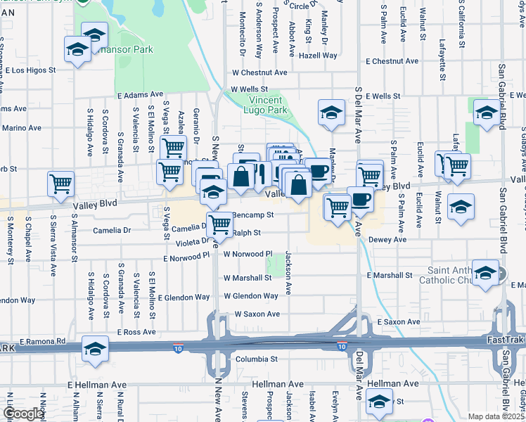 map of restaurants, bars, coffee shops, grocery stores, and more near 405 West Bencamp Street in San Gabriel