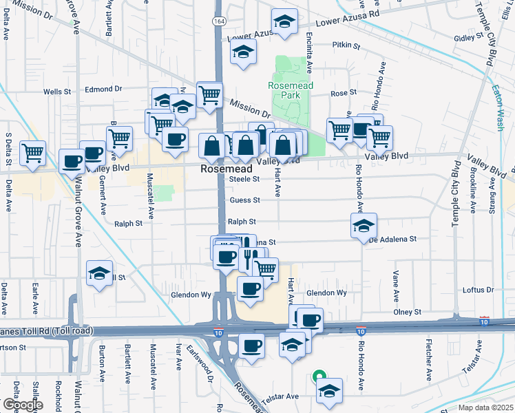map of restaurants, bars, coffee shops, grocery stores, and more near 9112 Guess Street in Rosemead