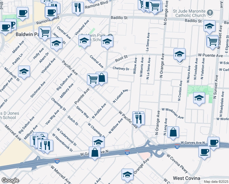 map of restaurants, bars, coffee shops, grocery stores, and more near 3644 Ardilla Avenue in Baldwin Park