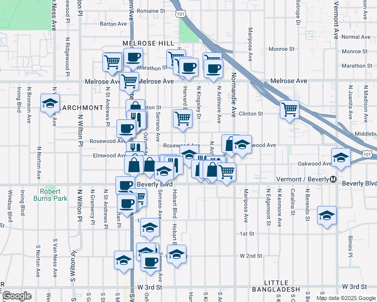 map of restaurants, bars, coffee shops, grocery stores, and more near 433 North Harvard Boulevard in Los Angeles