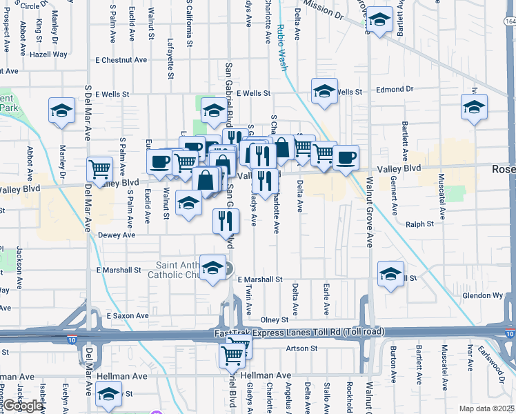 map of restaurants, bars, coffee shops, grocery stores, and more near 1702 South Gladys Avenue in San Gabriel