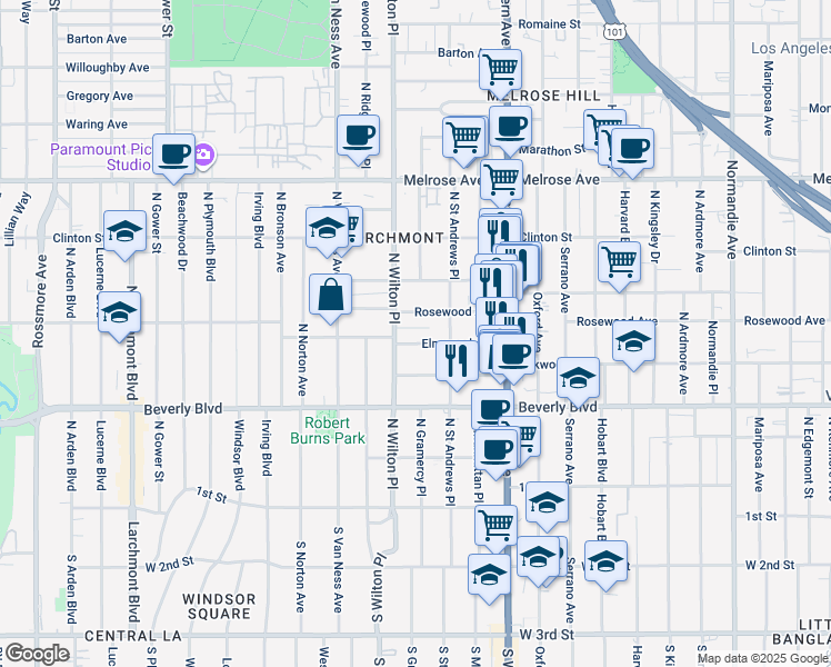 map of restaurants, bars, coffee shops, grocery stores, and more near 4835 Elmwood Avenue in Los Angeles