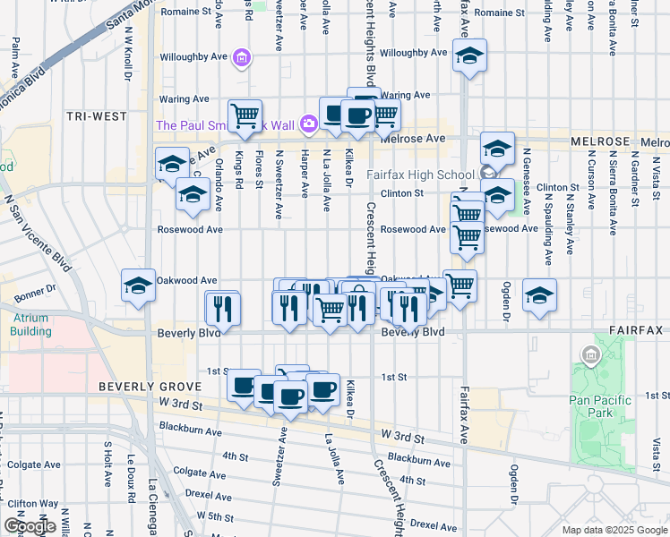 map of restaurants, bars, coffee shops, grocery stores, and more near 414 North La Jolla Avenue in Los Angeles