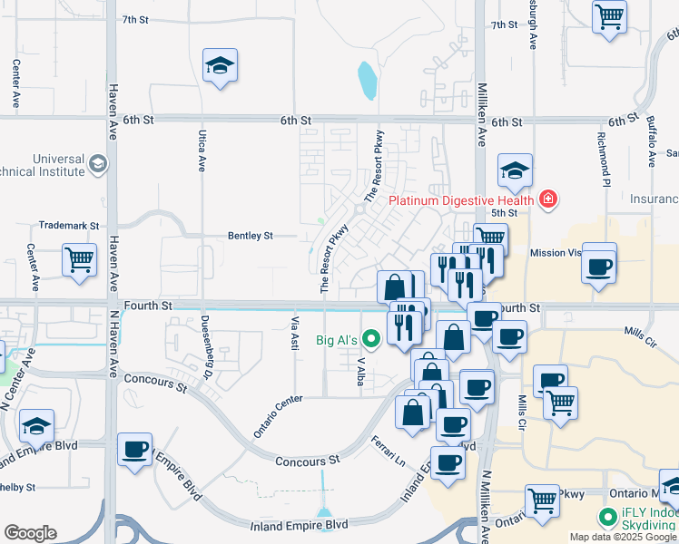 map of restaurants, bars, coffee shops, grocery stores, and more near 11042 Luminate Drive in Rancho Cucamonga