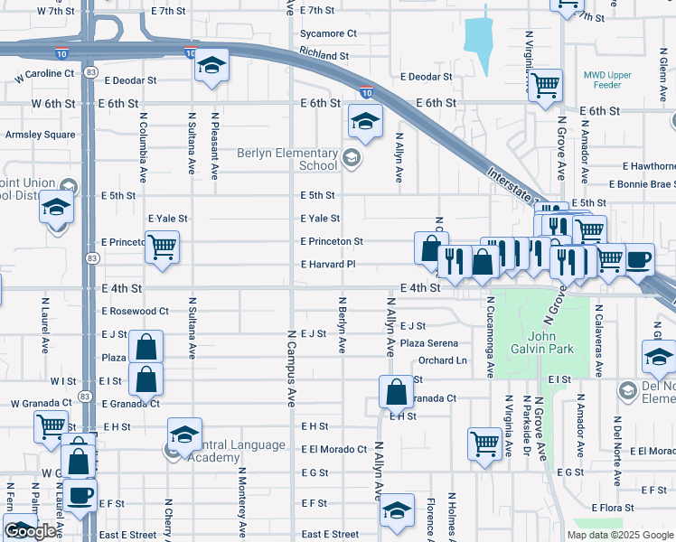map of restaurants, bars, coffee shops, grocery stores, and more near 764 East Harvard Place in Ontario