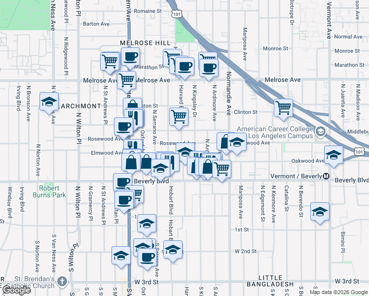 map of restaurants, bars, coffee shops, grocery stores, and more near 432 North Harvard Boulevard in Los Angeles
