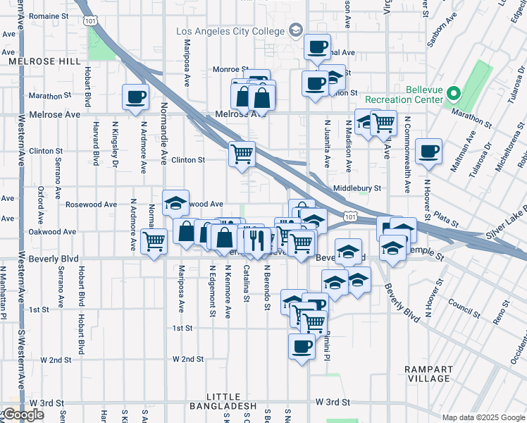 map of restaurants, bars, coffee shops, grocery stores, and more near 4126 Rosewood Avenue in Los Angeles