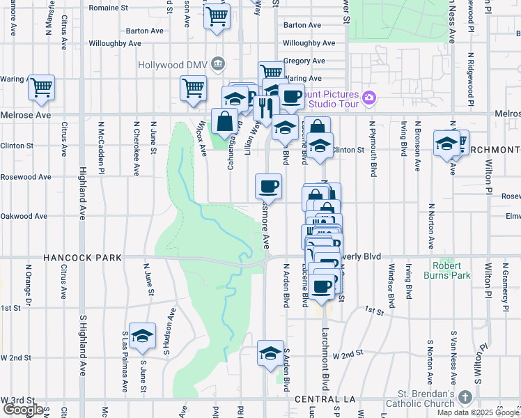 map of restaurants, bars, coffee shops, grocery stores, and more near 447 North Rossmore Avenue in Los Angeles