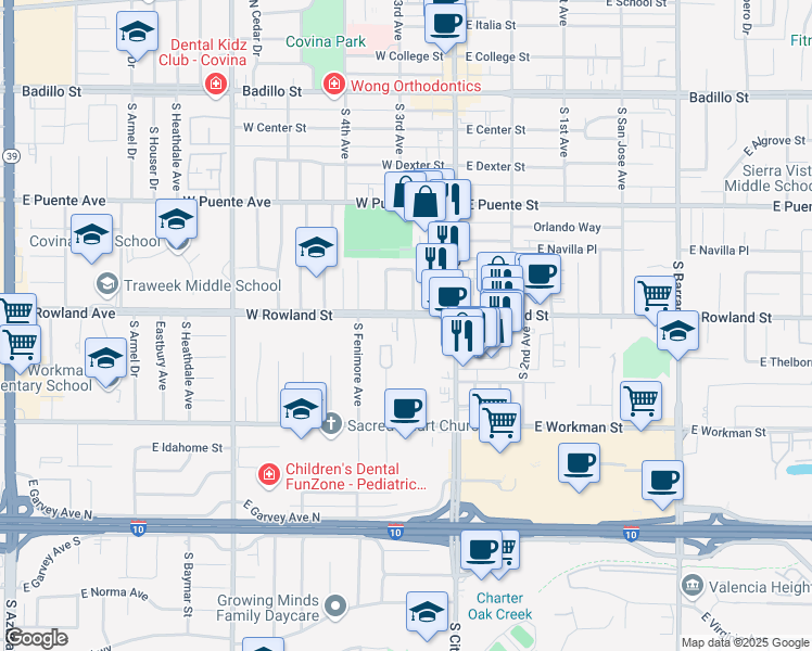 map of restaurants, bars, coffee shops, grocery stores, and more near 611 South Edenfield Avenue in Covina