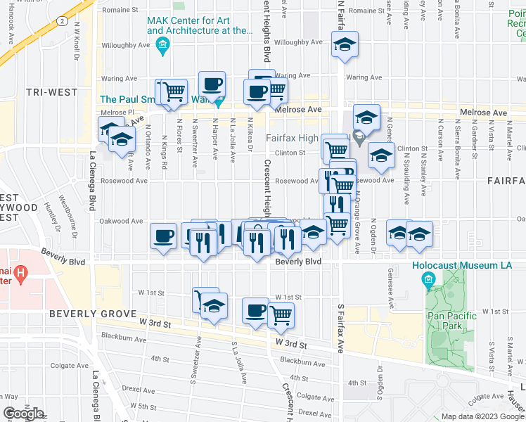 map of restaurants, bars, coffee shops, grocery stores, and more near 415 North Crescent Heights Boulevard in West Hollywood