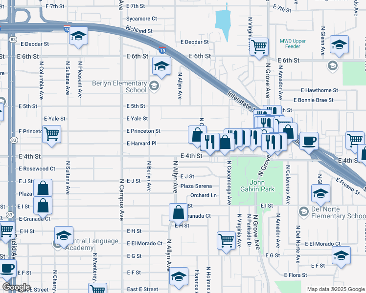 map of restaurants, bars, coffee shops, grocery stores, and more near 922 East Harvard Place in Ontario