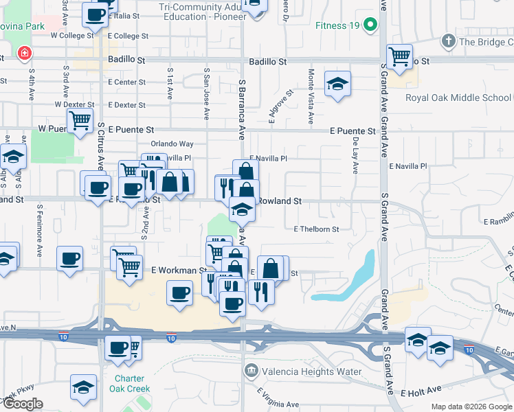 map of restaurants, bars, coffee shops, grocery stores, and more near 536 East Rowland Street in Covina