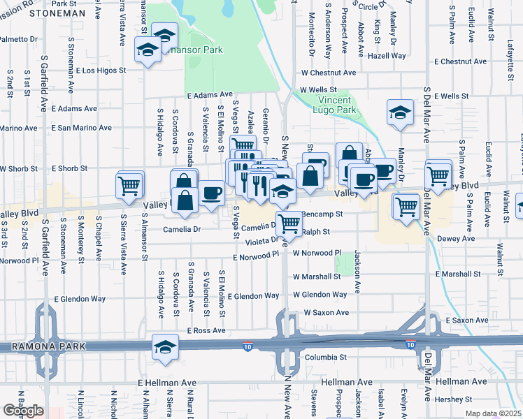 map of restaurants, bars, coffee shops, grocery stores, and more near 1400 East Valley Boulevard in Alhambra