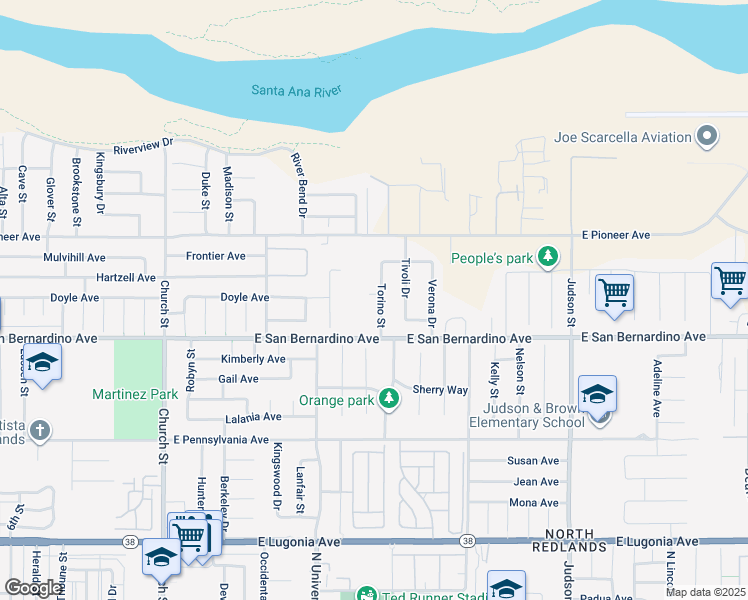 map of restaurants, bars, coffee shops, grocery stores, and more near 1671 Torino Street in Redlands