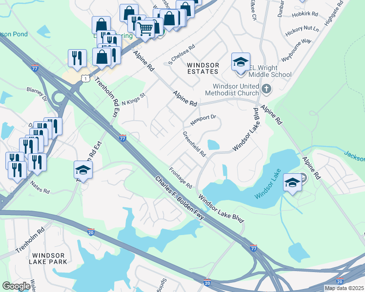 map of restaurants, bars, coffee shops, grocery stores, and more near 109 Baynard Court in Columbia