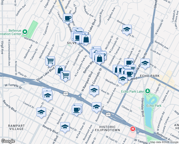 map of restaurants, bars, coffee shops, grocery stores, and more near 2612 Marathon Street in Los Angeles