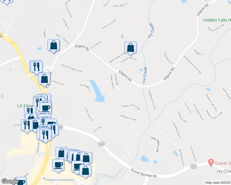map of restaurants, bars, coffee shops, grocery stores, and more near 3473 Fallen Oak Drive in Buford