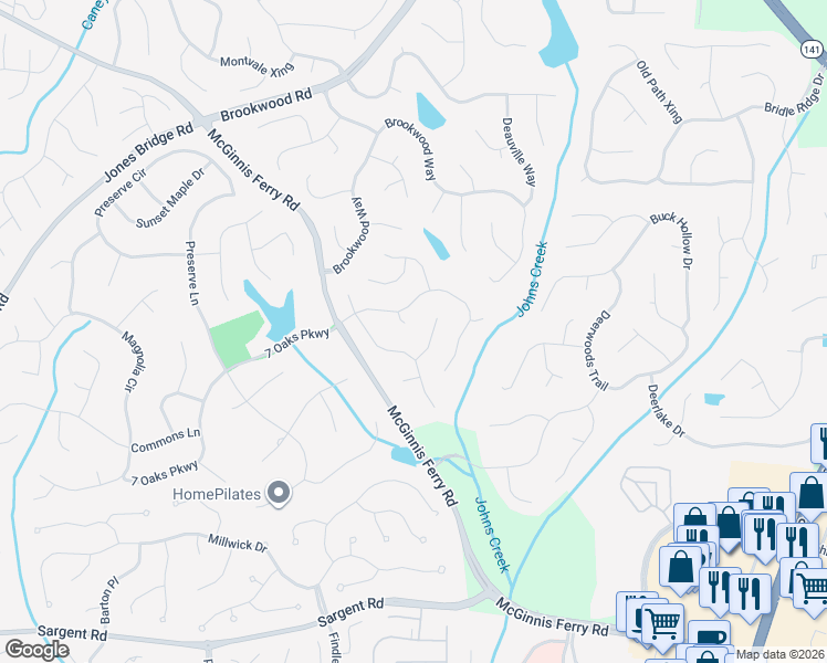 map of restaurants, bars, coffee shops, grocery stores, and more near 7140 Titchfield Pl in Cumming